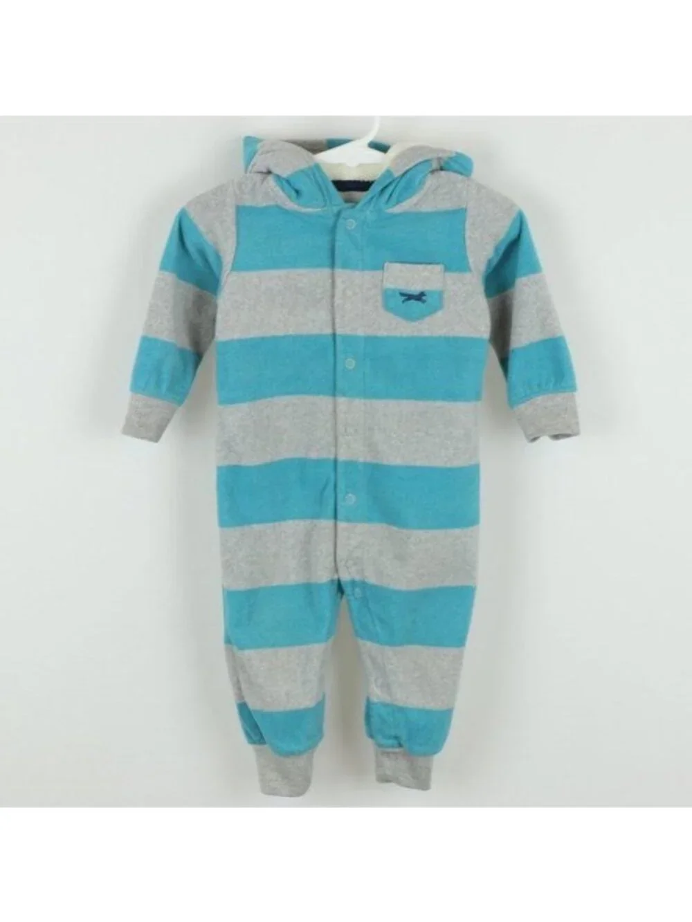 Carter's Infant 9 Months Blue Gray Striped Fleece Hooded Snap Up Winter Jumpsuit